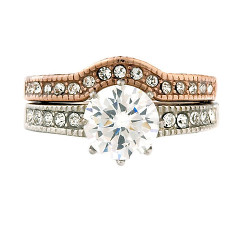 Peaches: Vintage 2 Pc 2 Tone IP Rose Gold 316 Steel IOF CZ Wedding Set - 1000Jewels.com