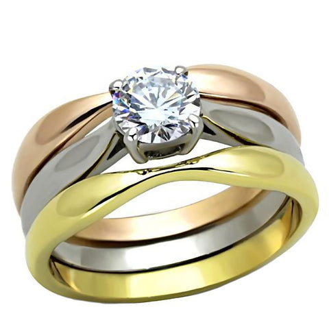 Chelsea: 3 Pc 3 Tone Yellow & IP Rose Gold 316 Steel CZ Wedding Set - 1000Jewels.com