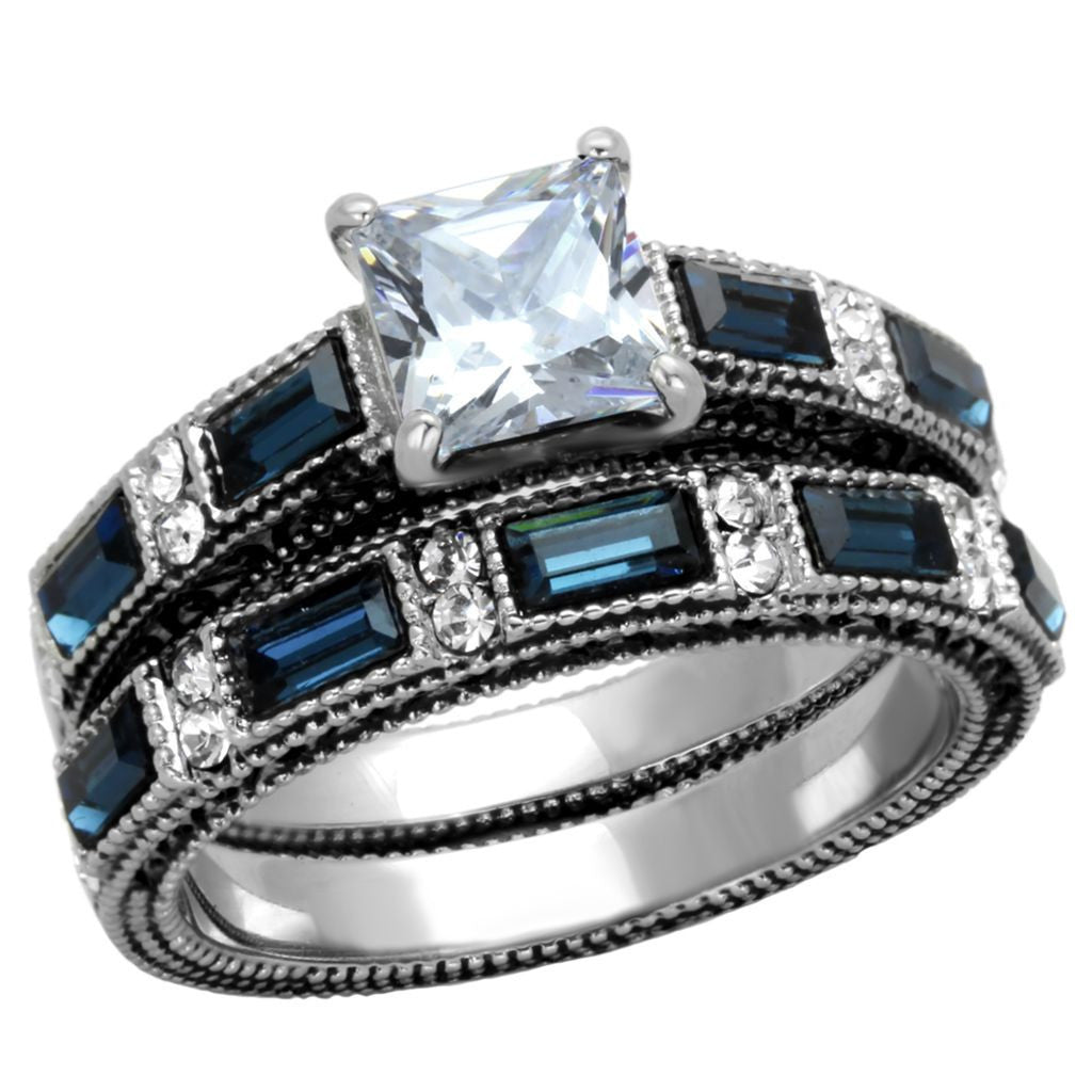 Delanna: 3.9ct Sapphire & Ice CZ Coin Edge 2 pc Steel Wedding Ring Set - 1000Jewels.com