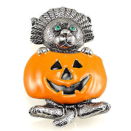 Cat with Green Eyes in Jack-o-Lantern Halloween Brooch - 1000Jewels.com
