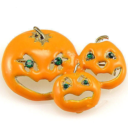Halloween Brooch: Carved Pumpkins with Green Crystal Eyes - 1000Jewels.com