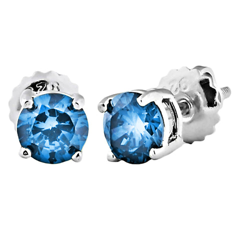 Trustmark Brilliant Cut Blue Zircon Ice CZ Screw Back Earrings Sterling Silver - 1000Jewels.com